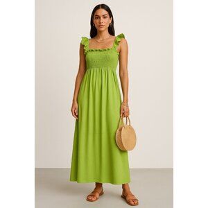 INC Size 16 Business Casual Lined Green Smocked Ruffle Strap Dress